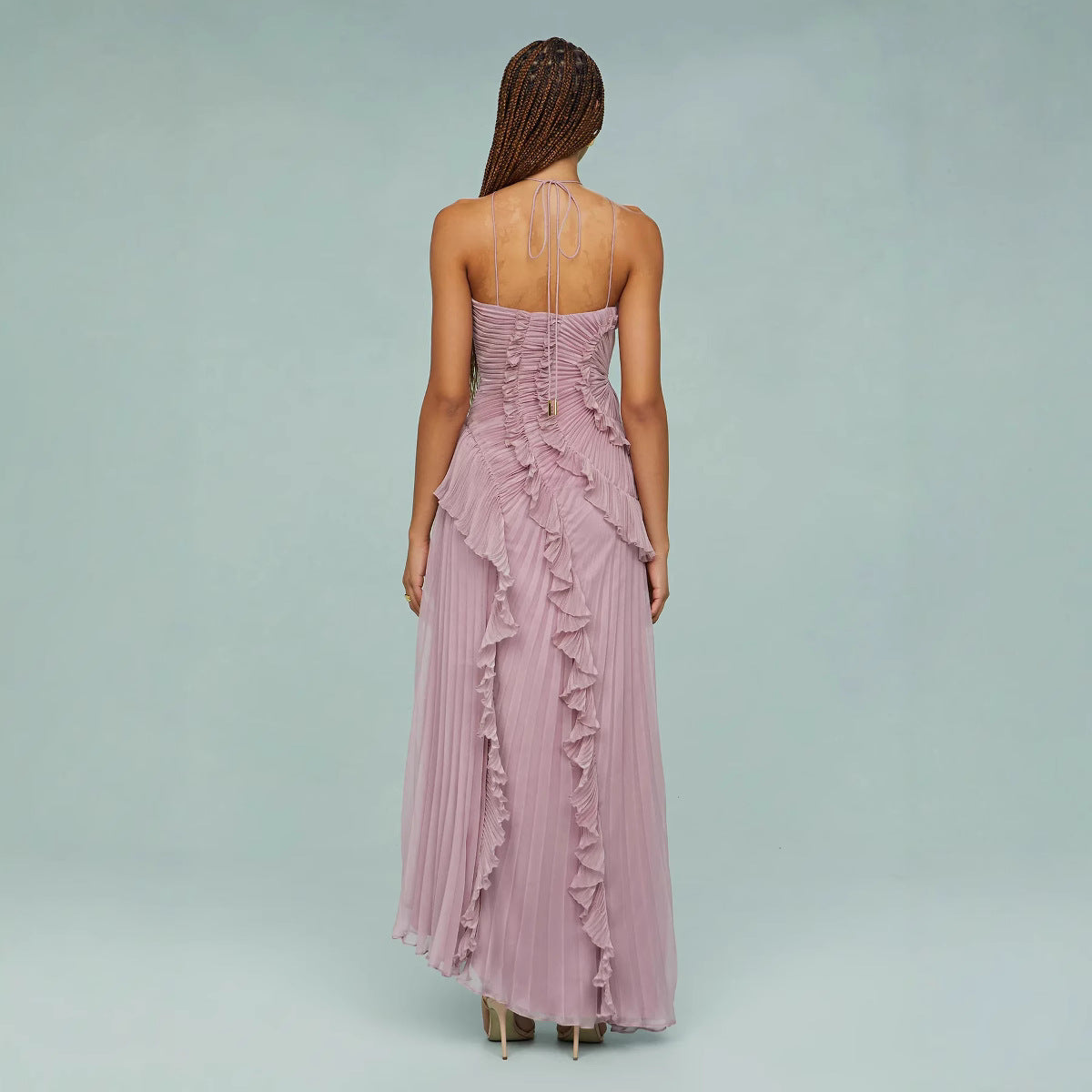 Maraike - Pleated Frill Halter Neck Maxi Dress