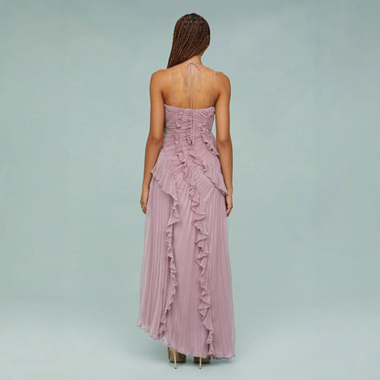 Maraike - Pleated Frill Halter Neck Maxi Dress