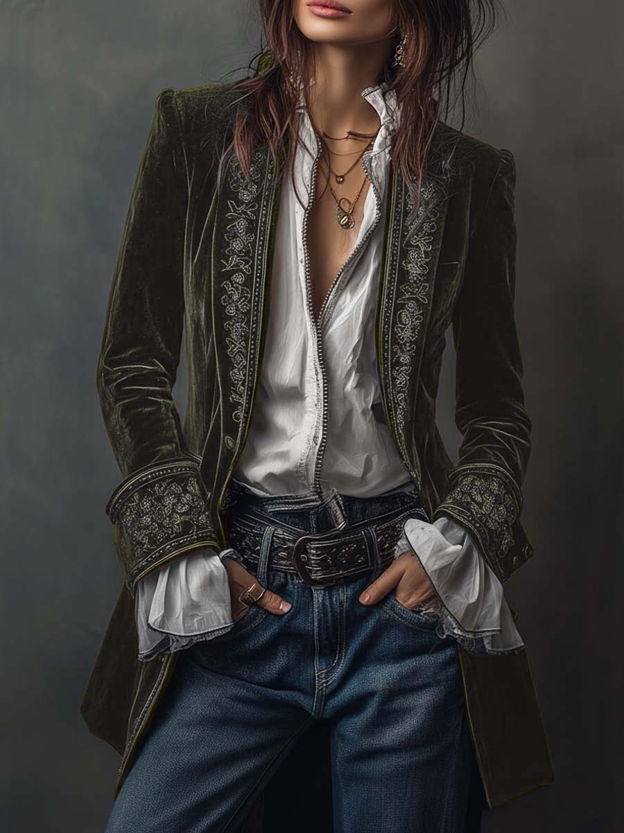 Serena Noir™ — Velvet Embroidered Long Coat