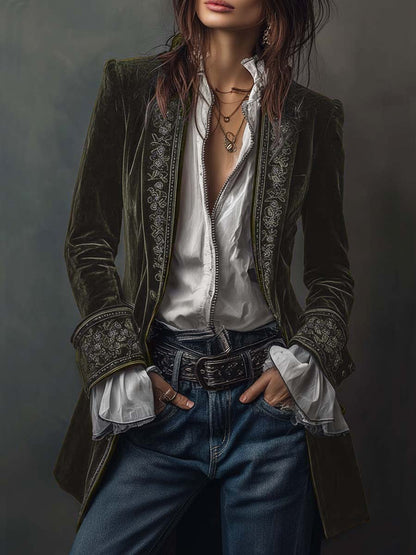 Serena Noir™ — Velvet Embroidered Long Coat