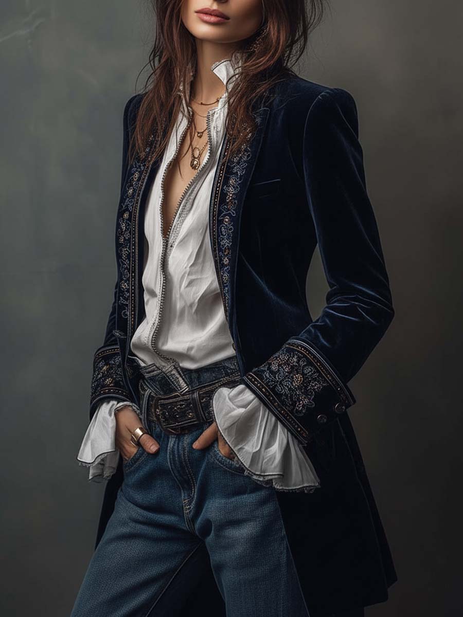 Serena Noir™ — Velvet Embroidered Long Coat