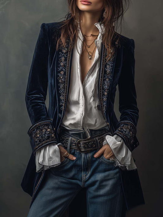 Serena Noir™ — Velvet Embroidered Long Coat