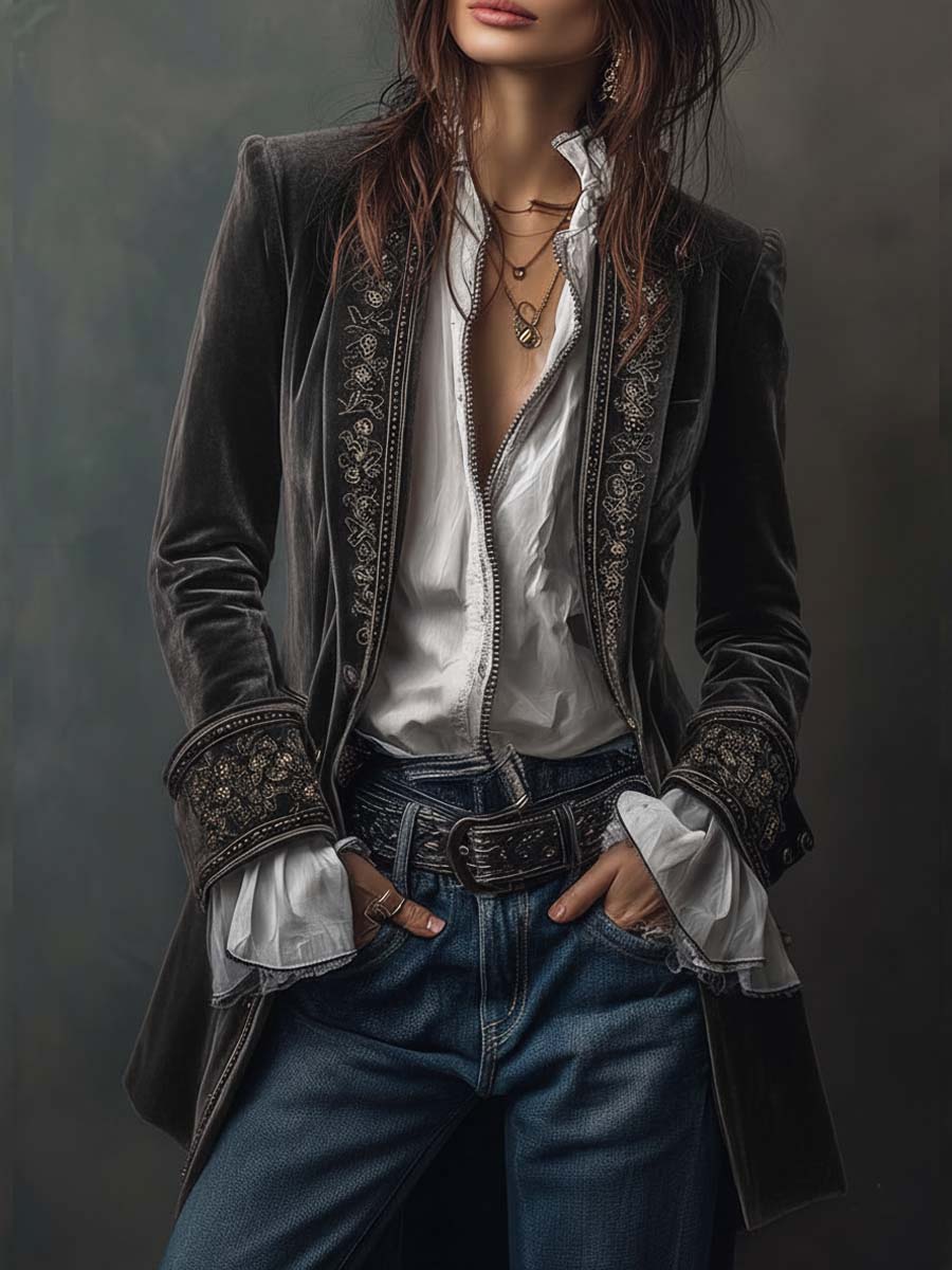 Serena Noir™ — Velvet Embroidered Long Coat