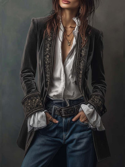 Serena Noir™ — Velvet Embroidered Long Coat