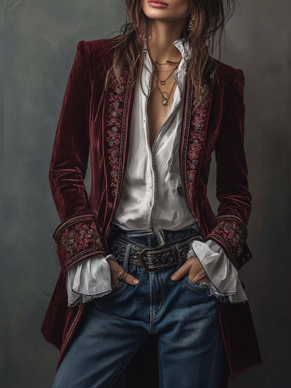 Serena Noir™ — Velvet Embroidered Long Coat