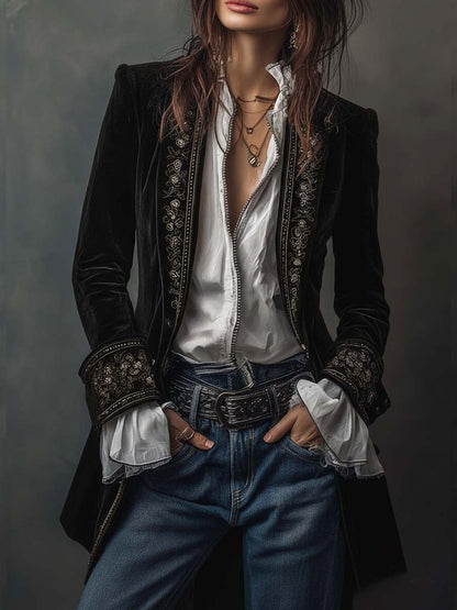 Serena Noir™ — Velvet Embroidered Long Coat